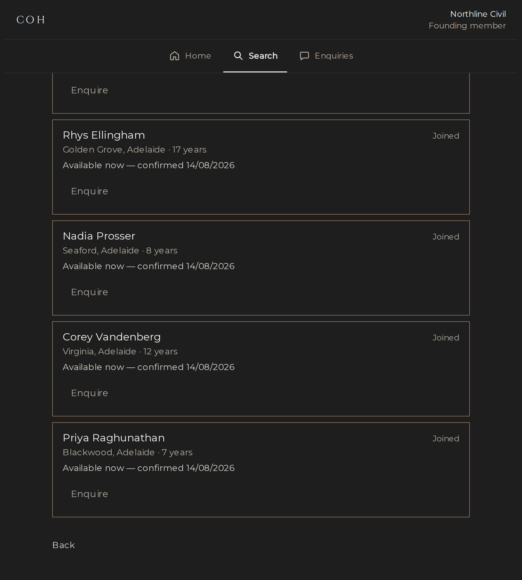 Search results listing operators with suburb, years of experience and the date each confirmed availability.